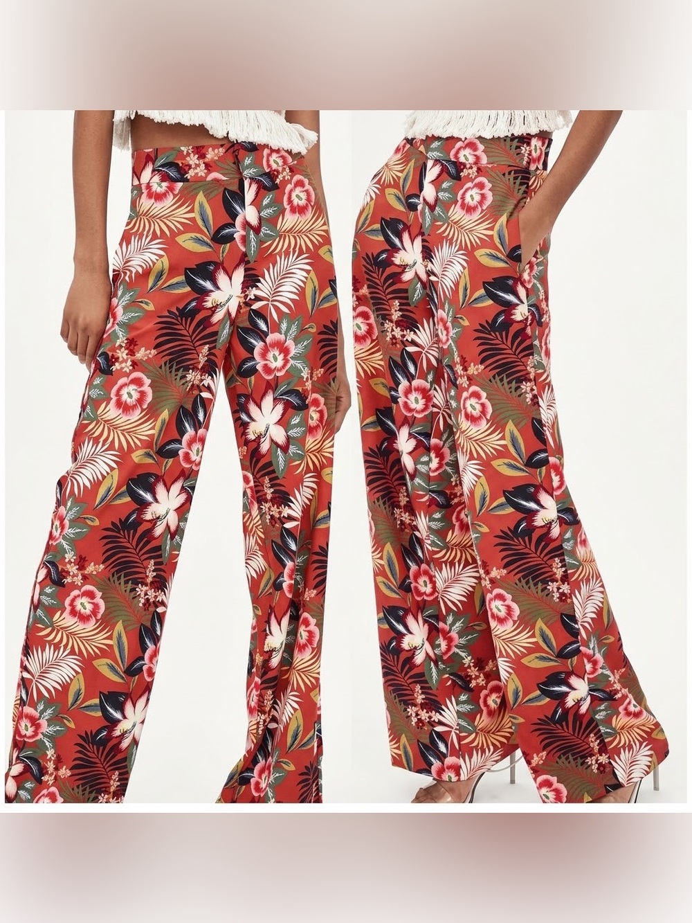 Zara TRF Collection Women’s Wide Leg Palazzo Tropical Floral Print Pants Size XS